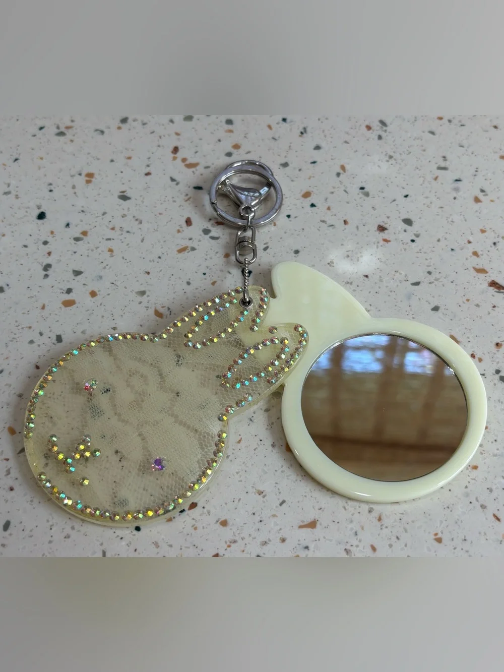 Bunny Mirror Keychain Charm with‎ Iridescent Rhinestones - Lace Cream